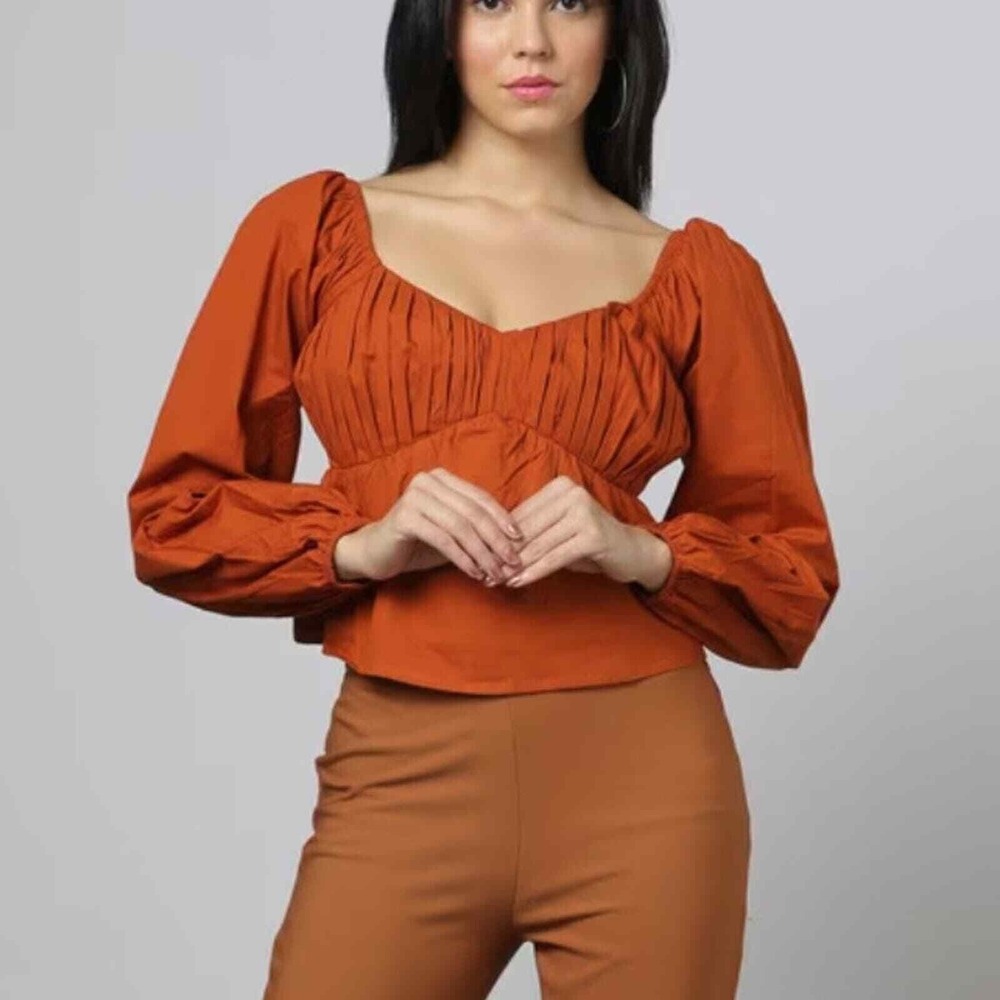 Abercrombie & Fitch Sweetheart Pleated Smocked Long Sleeve Cropped Blouse XS